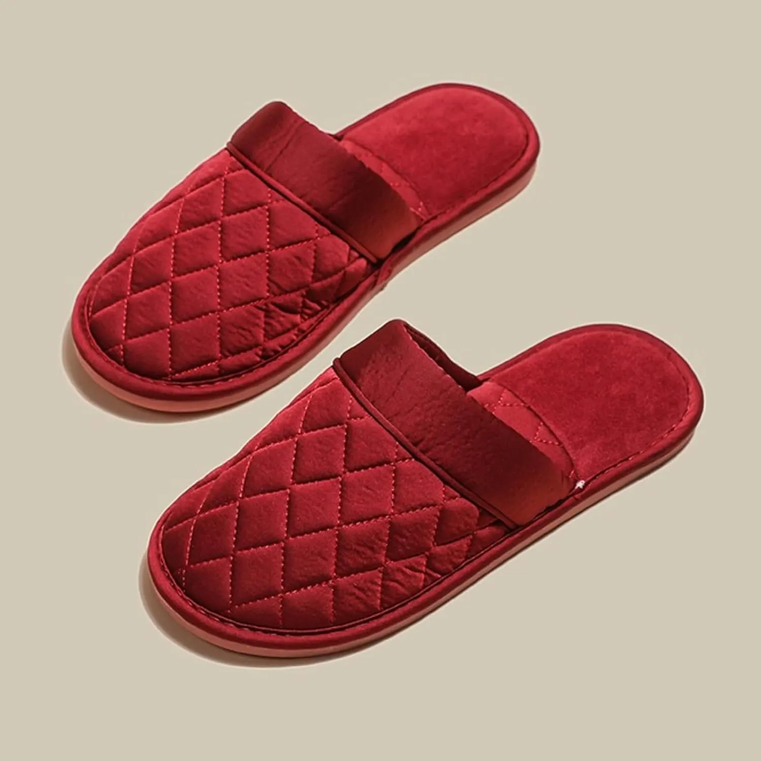 Satin Couple Home Slippers for Spring & Autumn, Indoor Closed-Toe Bedroom Slip-ons with Rhombic Pattern