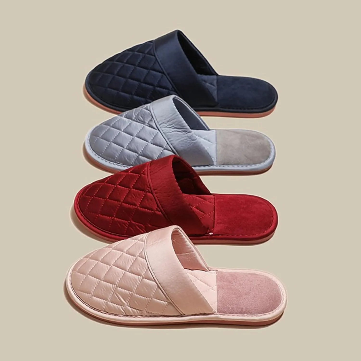 Satin Couple Home Slippers for Spring & Autumn, Indoor Closed-Toe Bedroom Slip-ons with Rhombic Pattern