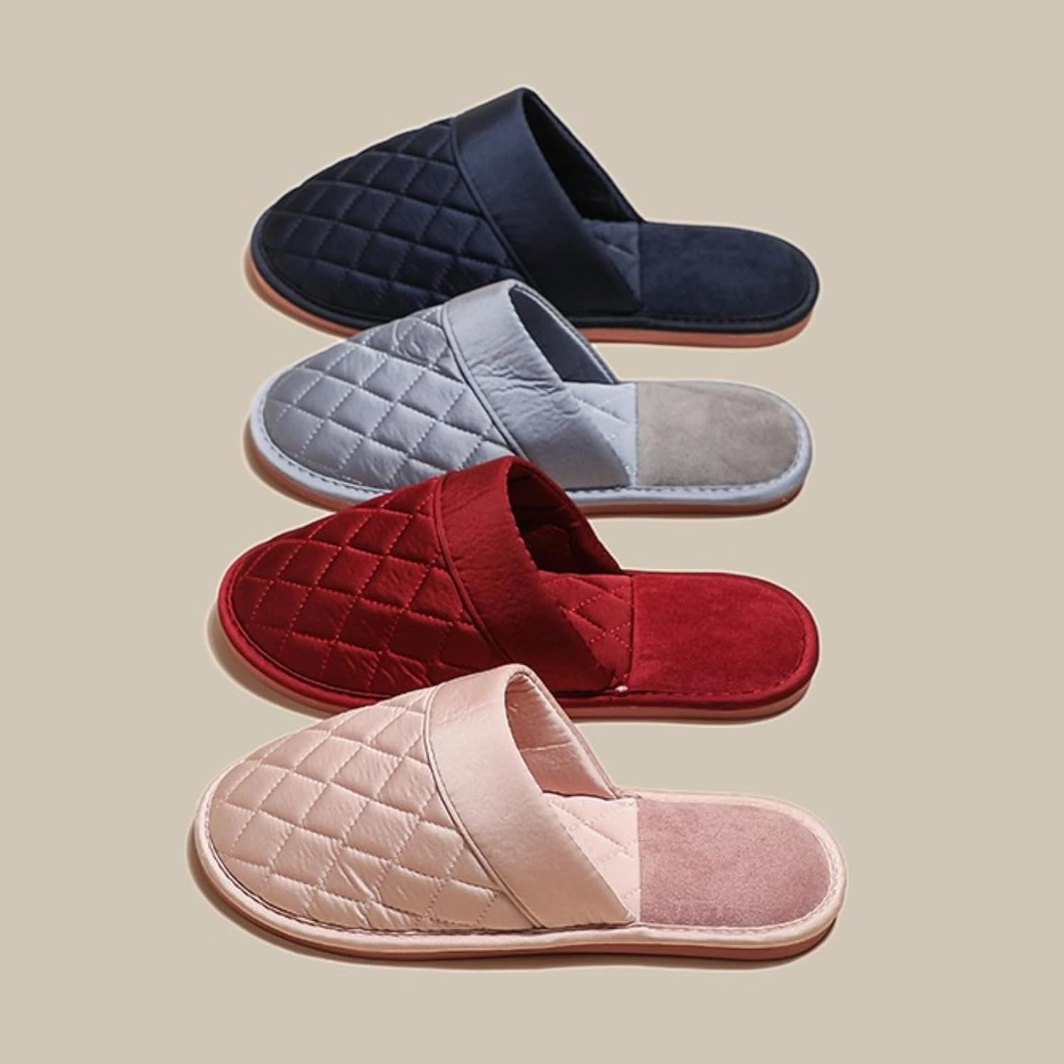 Satin Couple Home Slippers for Spring & Autumn, Indoor Closed-Toe Bedroom Slip-ons with Rhombic Pattern
