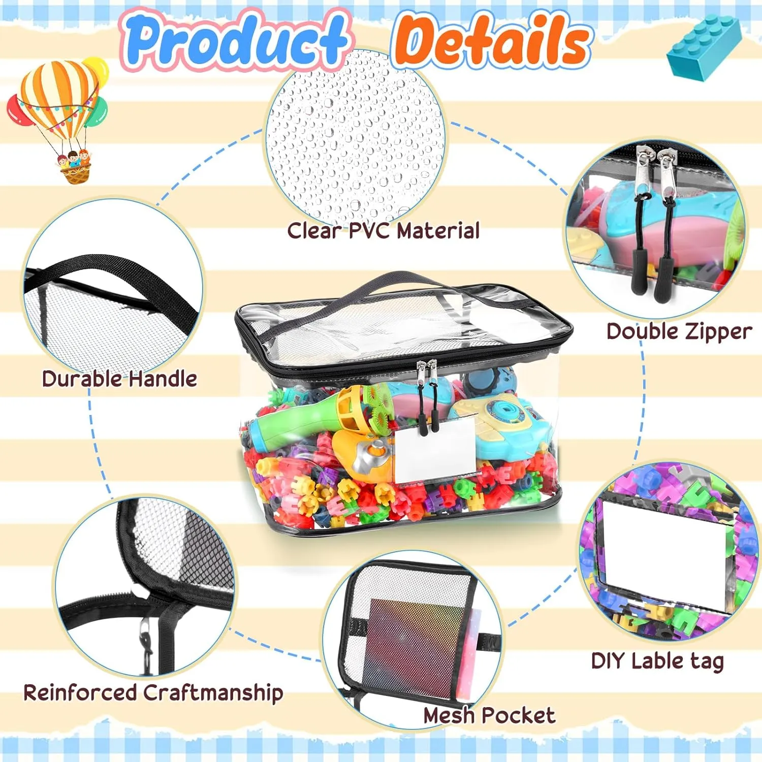 SATINIOR 12 Pack Toy Storage Bags Clear PVC Toy Storage Organizer in 2 Size 6 Large and 6 Extra Large Waterproof with Labels and Zipper Closure for Bricks, Board Games, Stuffed Animals, Puzzles, Black