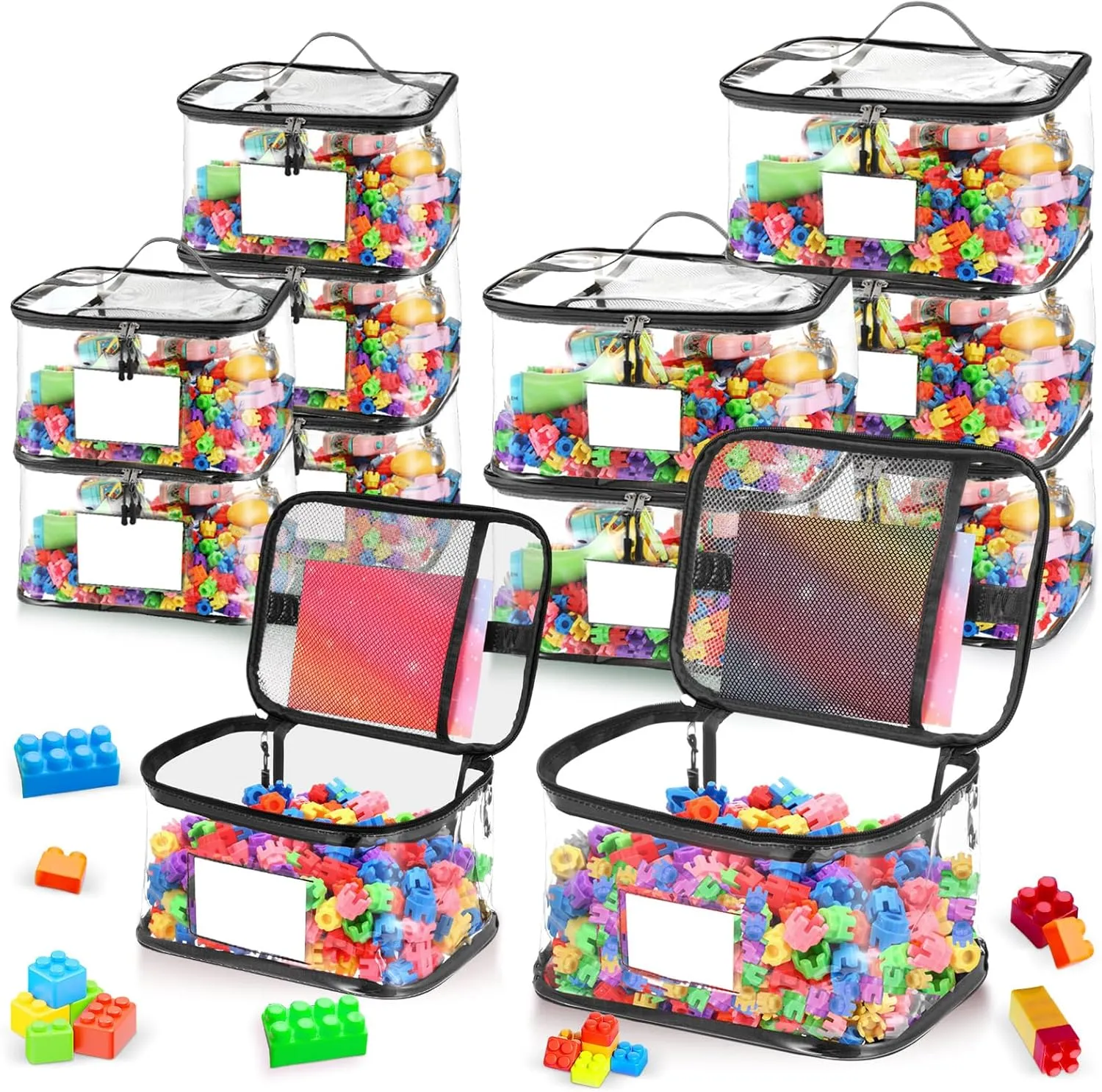 SATINIOR 12 Pack Toy Storage Bags Clear PVC Toy Storage Organizer in 2 Size 6 Large and 6 Extra Large Waterproof with Labels and Zipper Closure for Bricks, Board Games, Stuffed Animals, Puzzles, Black