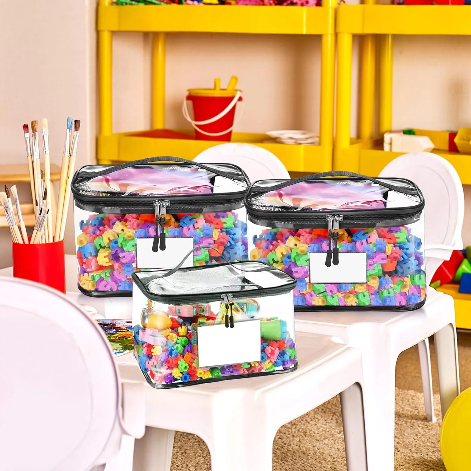 SATINIOR 12 Pack Toy Storage Bags Clear PVC Toy Storage Organizer in 2 Size 6 Large and 6 Extra Large Waterproof with Labels and Zipper Closure for Bricks, Board Games, Stuffed Animals, Puzzles, Black