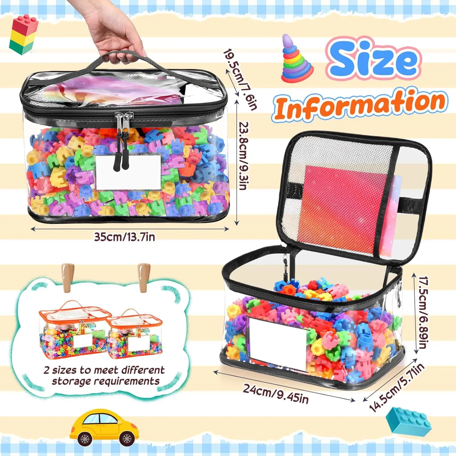 SATINIOR 12 Pack Toy Storage Bags Clear PVC Toy Storage Organizer in 2 Size 6 Large and 6 Extra Large Waterproof with Labels and Zipper Closure for Bricks, Board Games, Stuffed Animals, Puzzles, Black