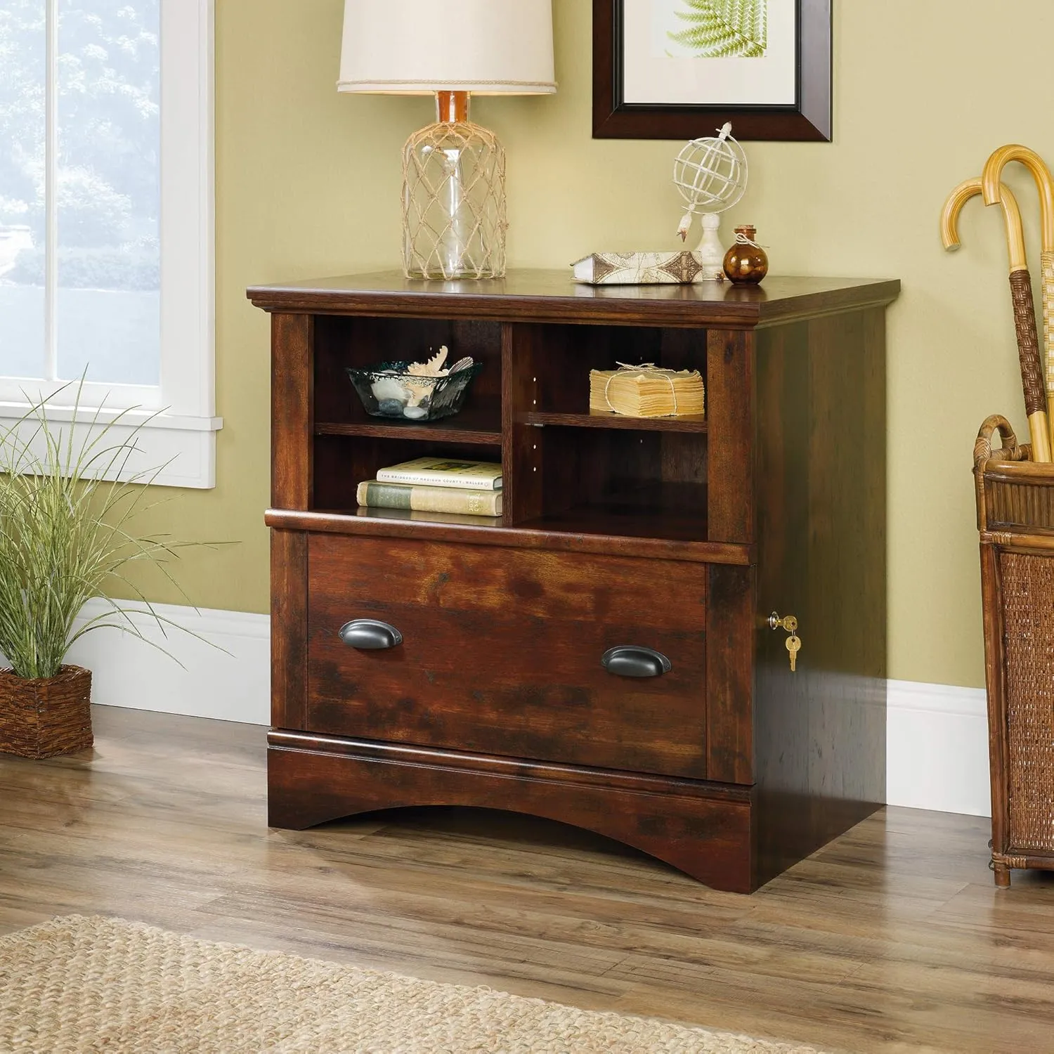 Sauder Harbor View Drawer File Cabinet, Lateral Filing Cabinet with Shelving, in Curado Cherry finish