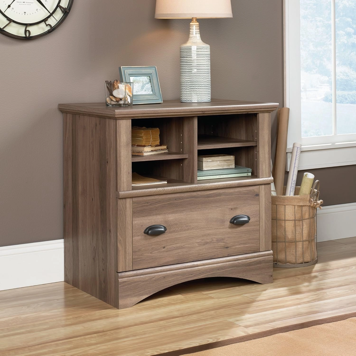 Sauder Harbor View 2 Drawer File Cabinet, Lateral Filing Cabinet with Shelving, in Salt Oak finish