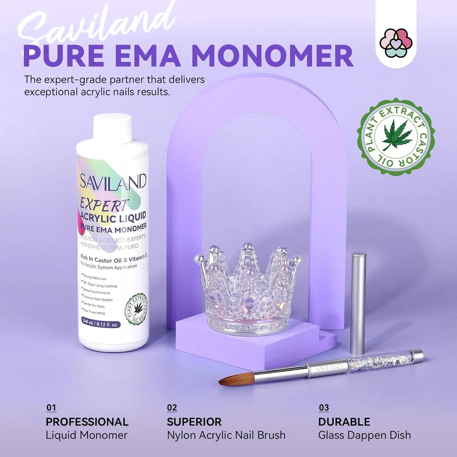SAVILAND EMA Monomer Acrylic Nail Liquid: 8 oz Acrylic Liquid Monomer with #14 Acrylic Nail Brush and Dappen Dish for Acrylic Powder Nail Art Extension 3D Carving Monomer Brush Set Home Nail Salon DIY