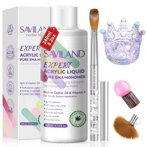 SAVILAND EMA Monomer Acrylic Nail Liquid: 8 oz Acrylic Liquid Monomer with #14 Acrylic Nail Brush and Dappen Dish for Acrylic Powder Nail Art Extension 3D Carving Monomer Brush Set Home Nail Salon DIY