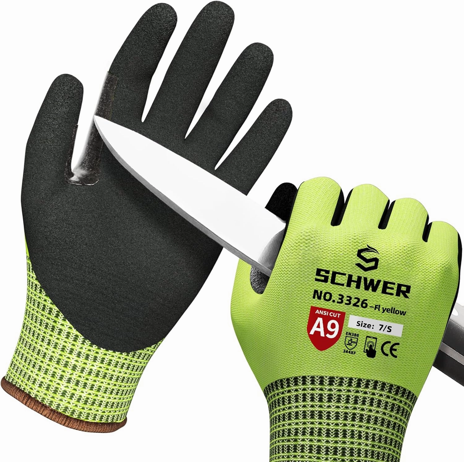 Schwer ProGuard Highest Level Cut Resistant Work Gloves PR3326 for Extreme Protection，ANSI A9 Cut Gloves with Reinforced Thumb, Non Slip, Breathable, Durable, Touch-screen, Non PFAS, Yellow1 Pair（S）