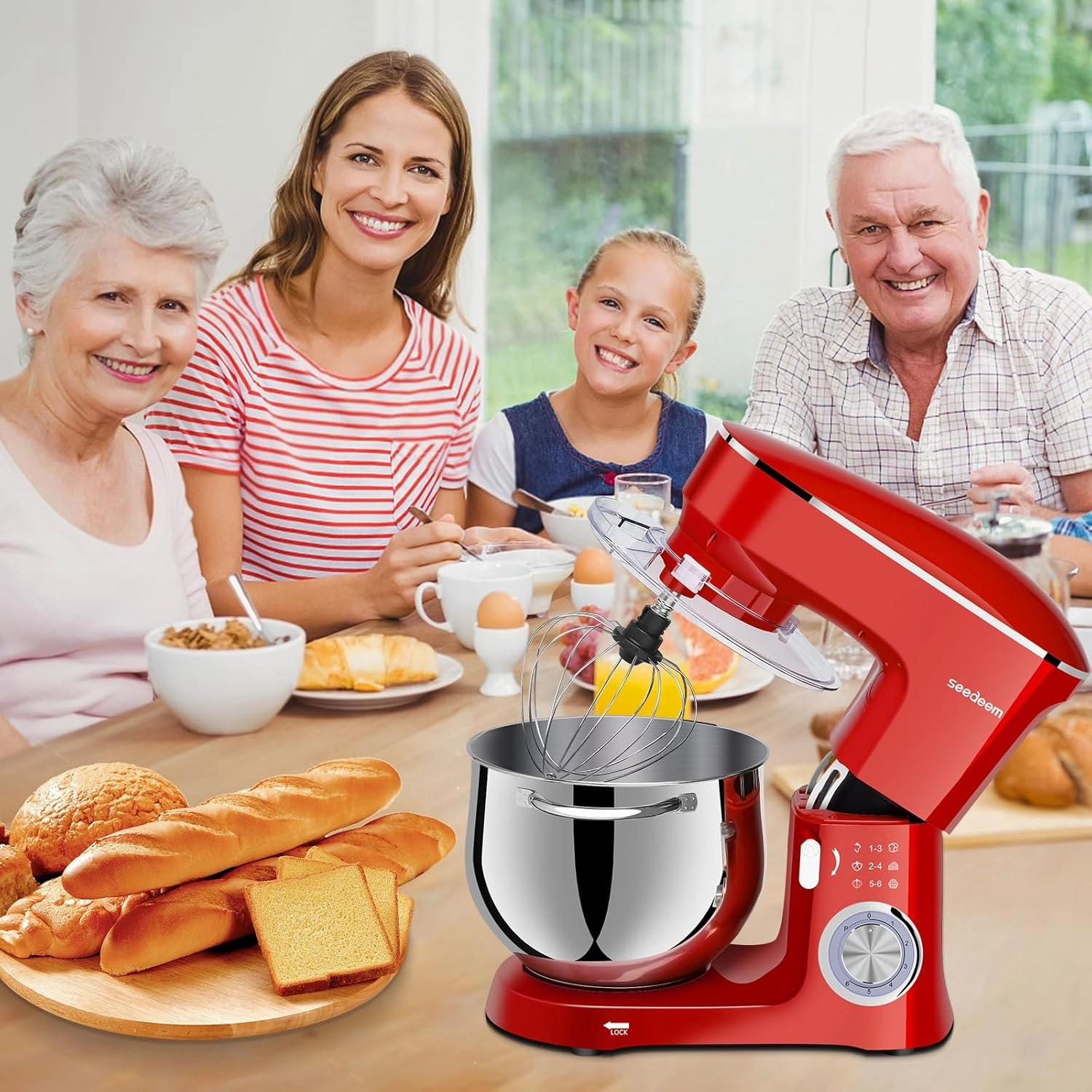 SEEDEEM Stand Mixer, 8.5 Qt 660W Tilt-Head Kitchen Mixer with 6 P Speeds, Dough Hook, Wire Whip & Beater, Dishwasher-Safe Attachments, Red – Ideal for Baking & Daily Use, Red