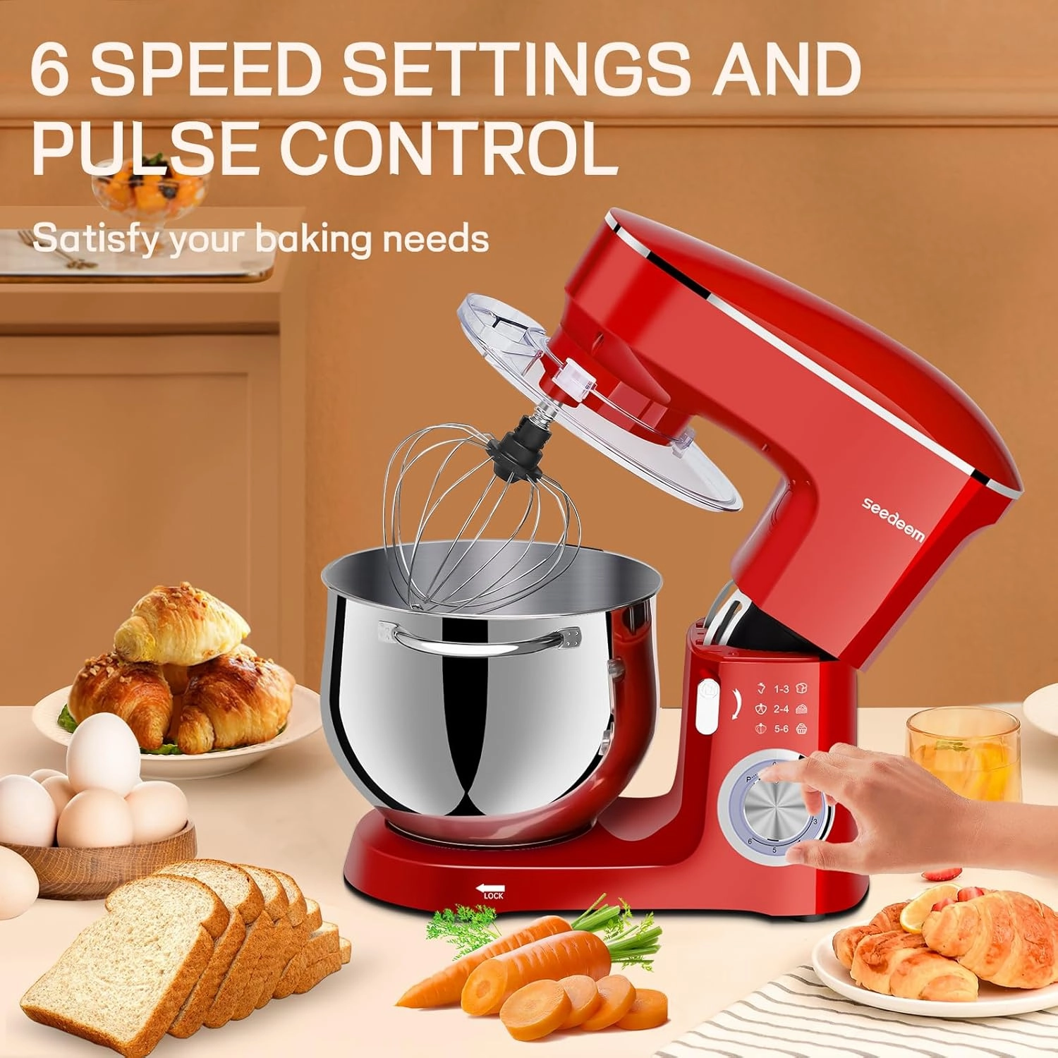 SEEDEEM Stand Mixer, 8.5 Qt 660W Tilt-Head Kitchen Mixer with 6 P Speeds, Dough Hook, Wire Whip & Beater, Dishwasher-Safe Attachments, Red – Ideal for Baking & Daily Use, Red