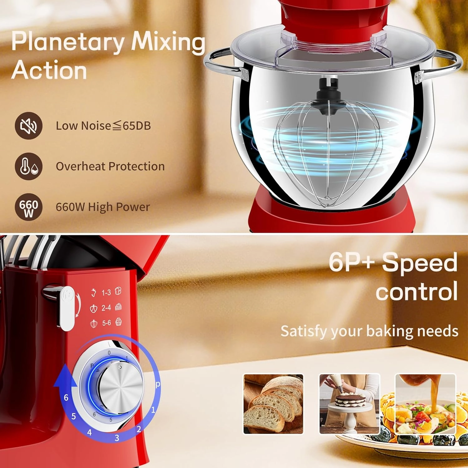 SEEDEEM Stand Mixer, 8.5 Qt 660W Tilt-Head Kitchen Mixer with 6 P Speeds, Dough Hook, Wire Whip & Beater, Dishwasher-Safe Attachments, Red – Ideal for Baking & Daily Use, Red