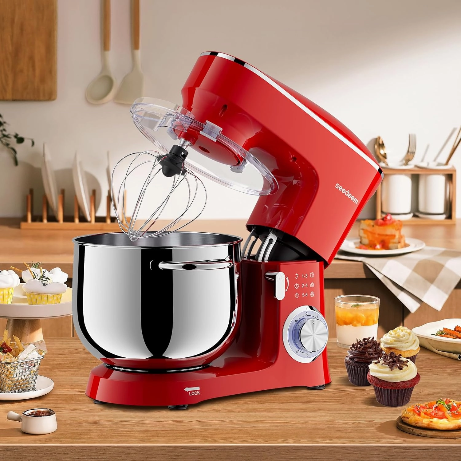 SEEDEEM Stand Mixer, 8.5 Qt 660W Tilt-Head Kitchen Mixer with 6 P Speeds, Dough Hook, Wire Whip & Beater, Dishwasher-Safe Attachments, Red – Ideal for Baking & Daily Use, Red