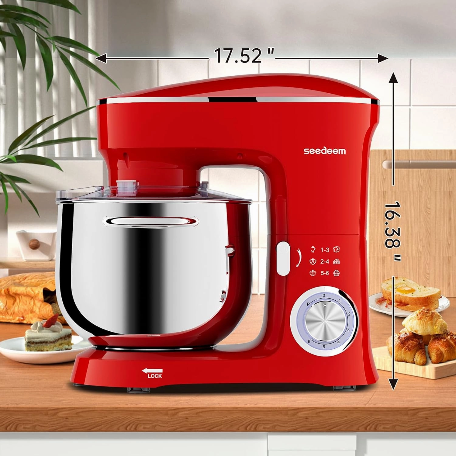 SEEDEEM Stand Mixer, 8.5 Qt 660W Tilt-Head Kitchen Mixer with 6 P Speeds, Dough Hook, Wire Whip & Beater, Dishwasher-Safe Attachments, Red – Ideal for Baking & Daily Use, Red