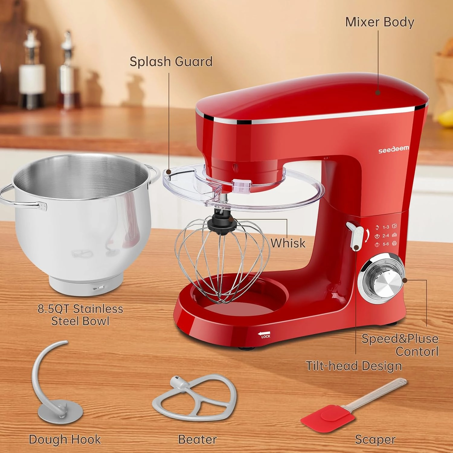 SEEDEEM Stand Mixer, 8.5 Qt 660W Tilt-Head Kitchen Mixer with 6 P Speeds, Dough Hook, Wire Whip & Beater, Dishwasher-Safe Attachments, Red – Ideal for Baking & Daily Use, Red