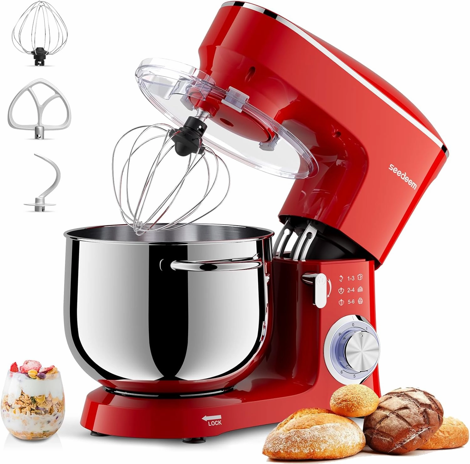 SEEDEEM Stand Mixer, 8.5 Qt 660W Tilt-Head Kitchen Mixer with 6 P Speeds, Dough Hook, Wire Whip & Beater, Dishwasher-Safe Attachments, Red – Ideal for Baking & Daily Use, Red