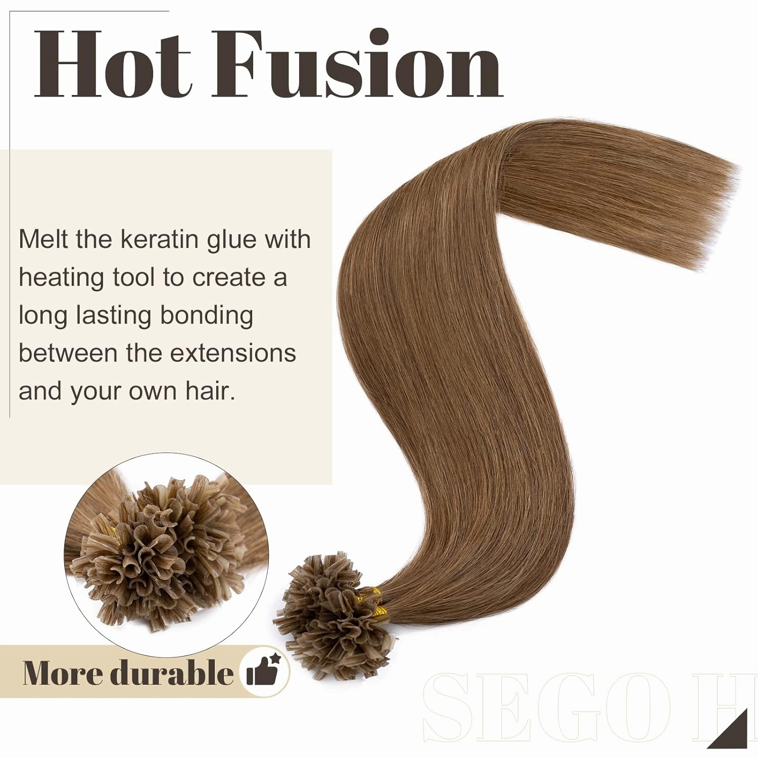 SEGO U Tip Hair Extensions - 100 Strands, 100% Remy Human Hair, Silky Straight, Keratin Fusion Pre-Bonded, #6 Light Brown, 18 inches, 50g