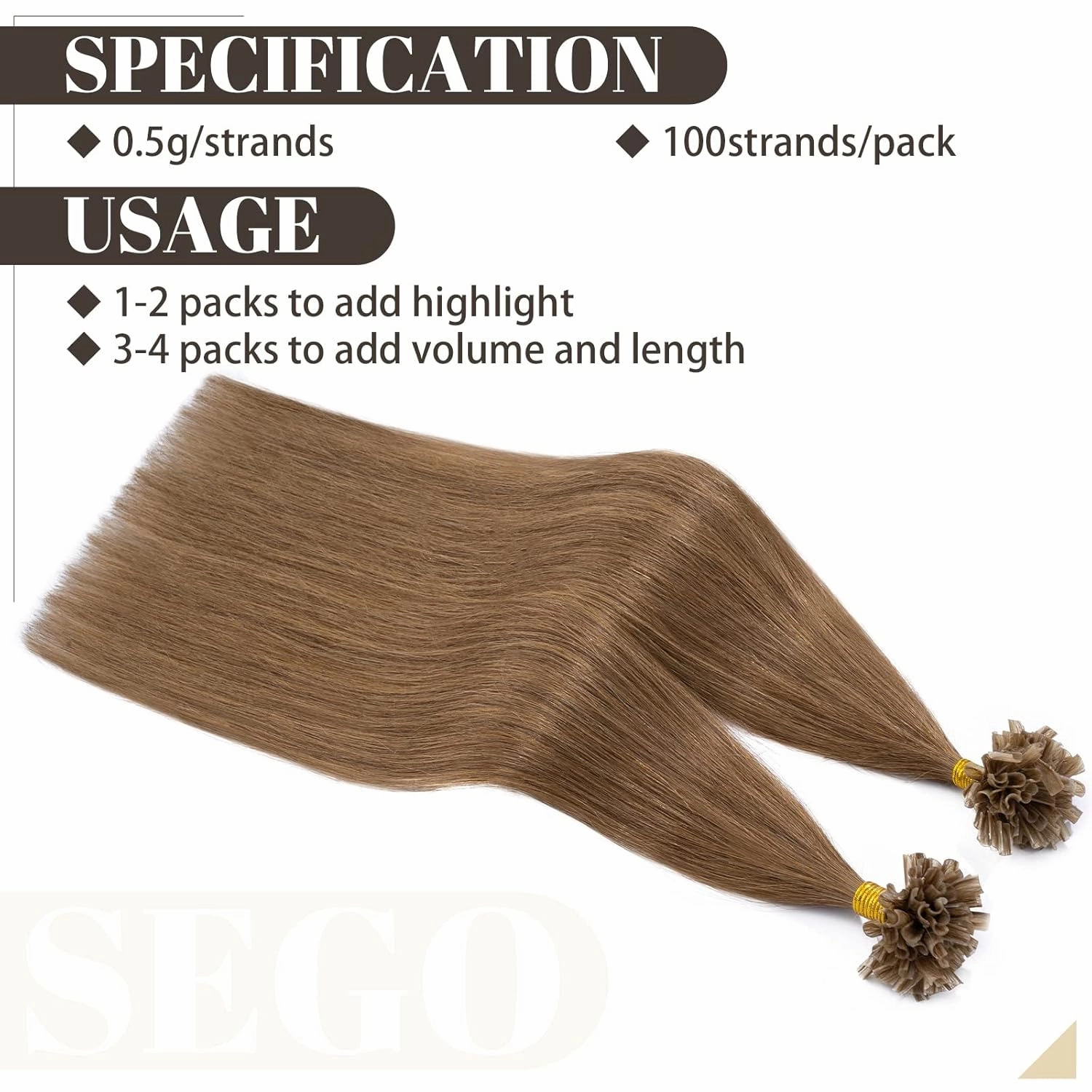 SEGO U Tip Hair Extensions - 100 Strands, 100% Remy Human Hair, Silky Straight, Keratin Fusion Pre-Bonded, #6 Light Brown, 18 inches, 50g