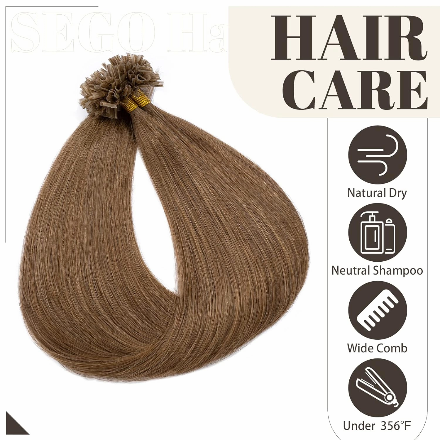 SEGO U Tip Hair Extensions - 100 Strands, 100% Remy Human Hair, Silky Straight, Keratin Fusion Pre-Bonded, #6 Light Brown, 18 inches, 50g