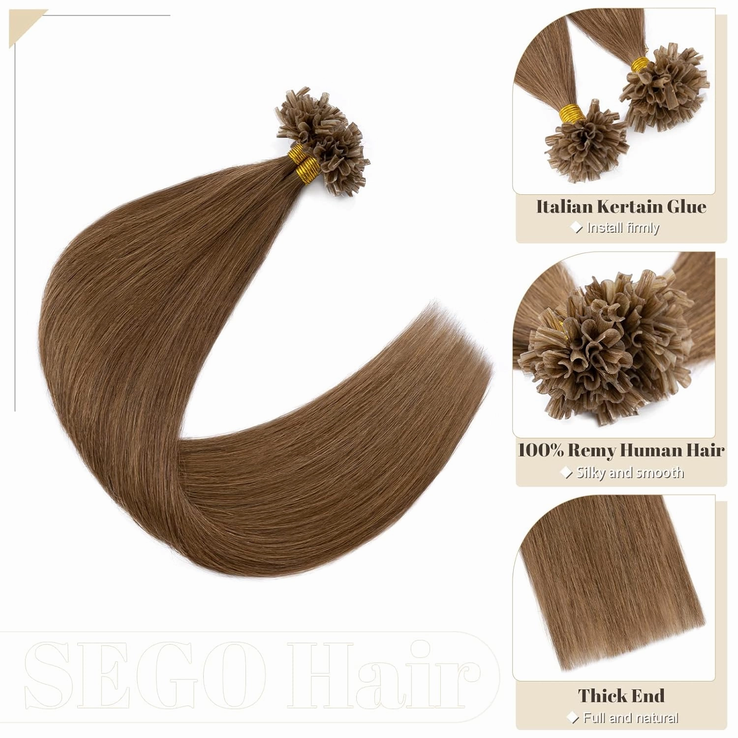 SEGO U Tip Hair Extensions - 100 Strands, 100% Remy Human Hair, Silky Straight, Keratin Fusion Pre-Bonded, #6 Light Brown, 18 inches, 50g