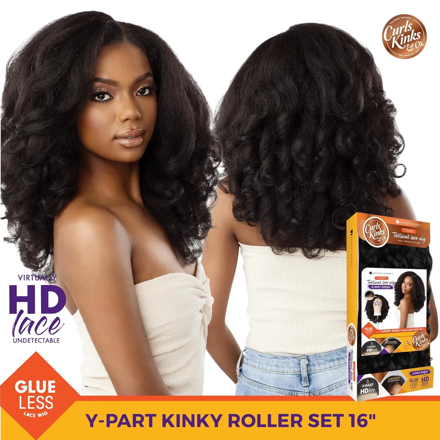 Sensationnel Curls Kinksandco Kinkyedges Wig - Kinky Roller Set 16 Inch Y Part Lace Natural Kinkytexture Edged Hairline for Natural 3C to 4C Hair Textures (2 DARKBROWN)