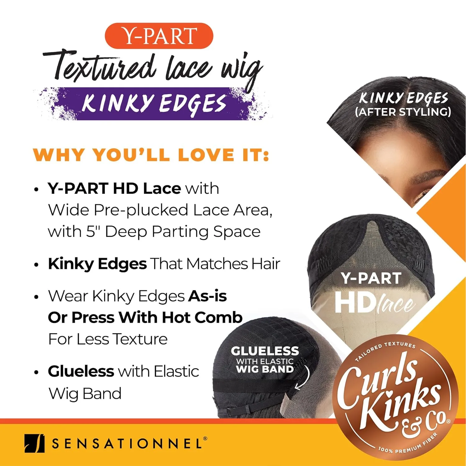 Sensationnel Curls Kinksandco Kinkyedges Wig - Kinky Roller Set 16 Inch Y Part Lace Natural Kinkytexture Edged Hairline for Natural 3C to 4C Hair Textures (2 DARKBROWN)