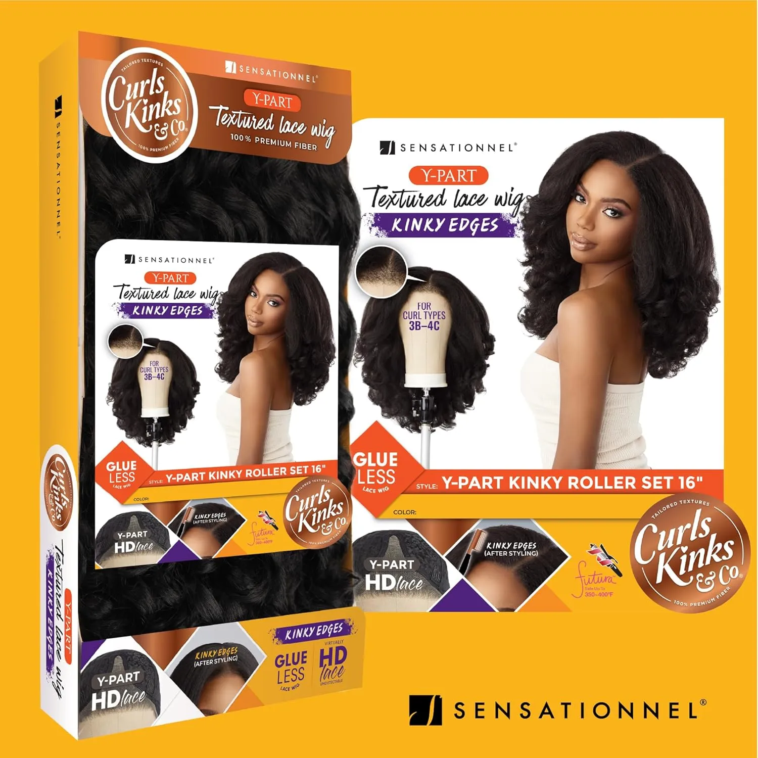 Sensationnel Curls Kinksandco Kinkyedges Wig - Kinky Roller Set 16 Inch Y Part Lace Natural Kinkytexture Edged Hairline for Natural 3C to 4C Hair Textures (2 DARKBROWN)