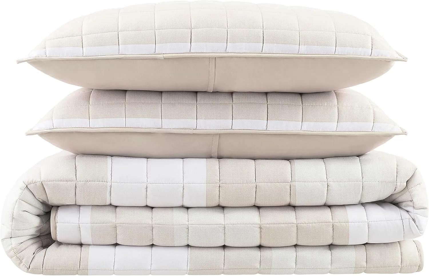 Serta Simply Comfort Billy Modern 3 Piece Soft Bedding Stripe Quilt Set with Pillow Case for All Season, King, Natural