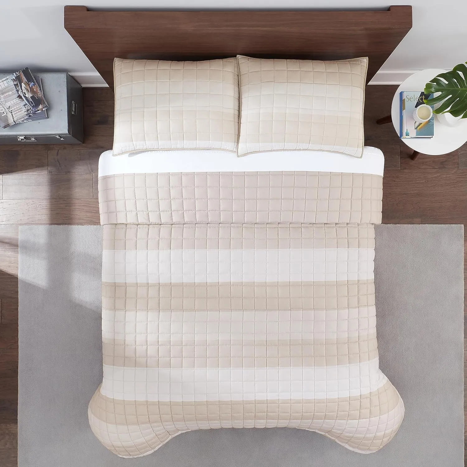 Serta Simply Comfort Billy Modern 3 Piece Soft Bedding Stripe Quilt Set with Pillow Case for All Season, King, Natural