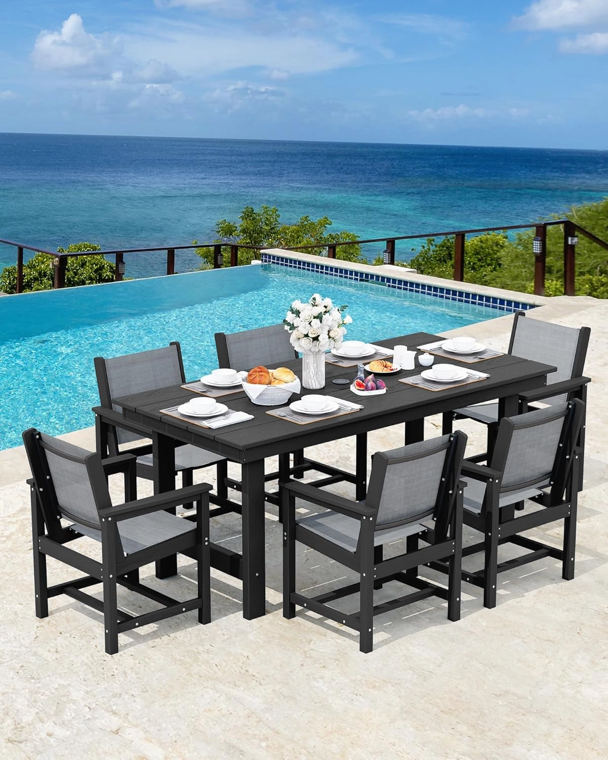 SERWALL 7 Piece Outdoor Dining Table Sets for 6 with 1 Umbrella Hole Cut-Out Rectangular Table and 6 Textilene Chairs, HDPE Dining Table Sets for Garden, Backyard, Poolside, Black