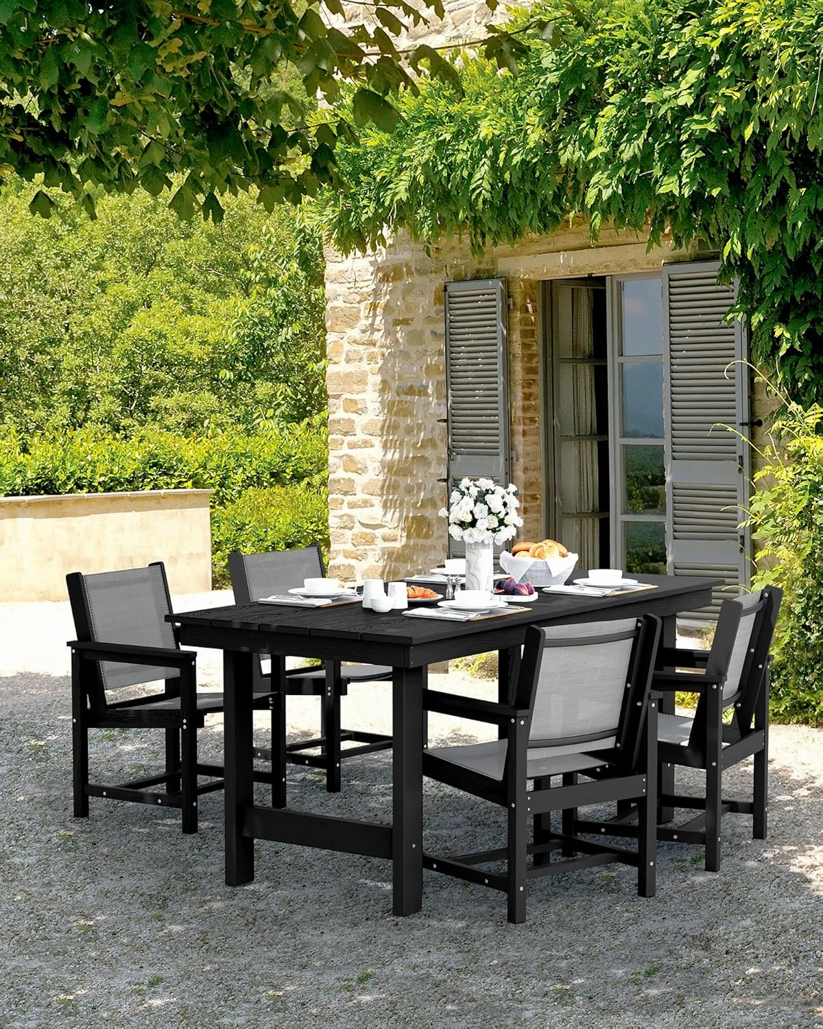 SERWALL 7 Piece Outdoor Dining Table Sets for 6 with 1 Umbrella Hole Cut-Out Rectangular Table and 6 Textilene Chairs, HDPE Dining Table Sets for Garden, Backyard, Poolside, Black