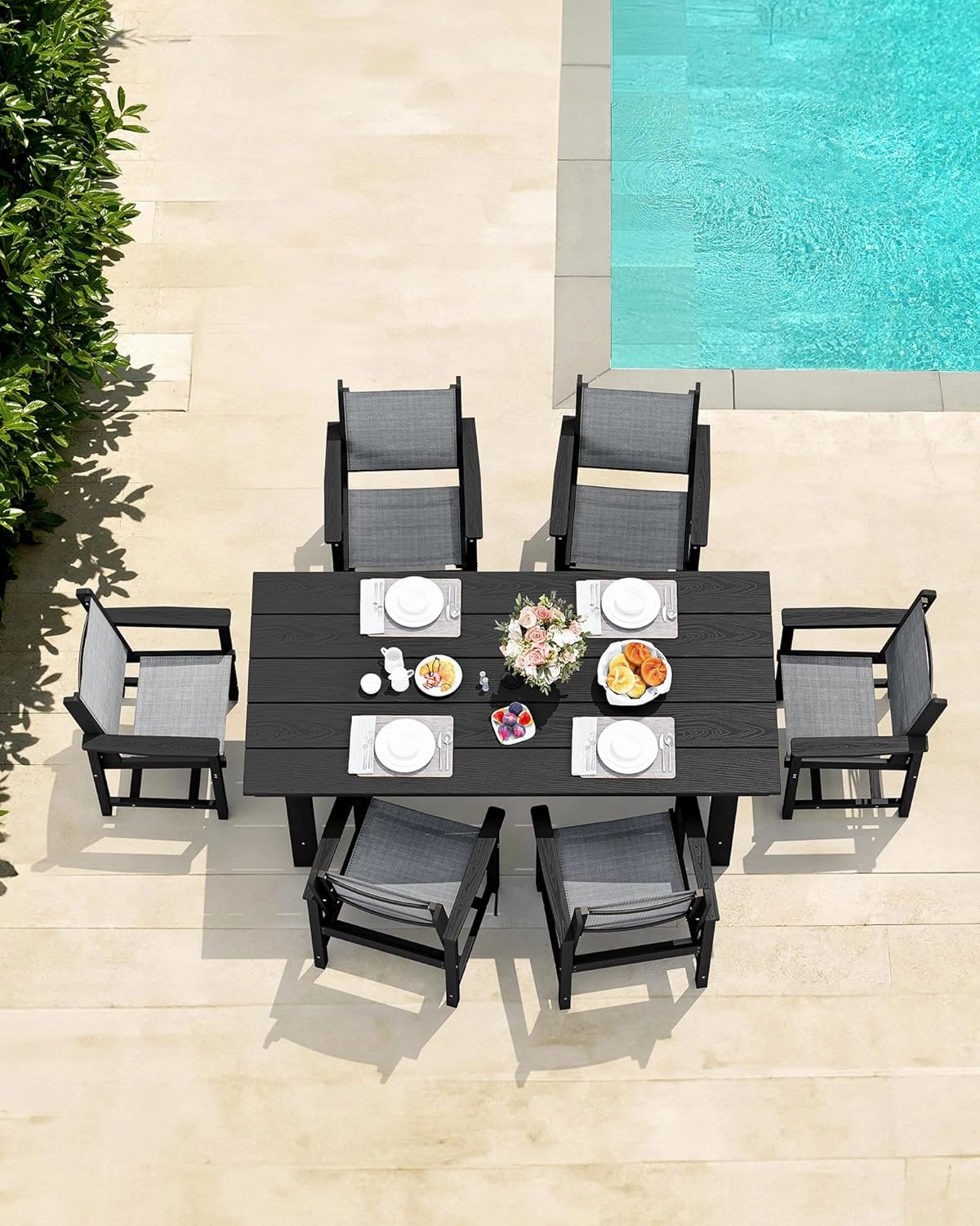 SERWALL 7 Piece Outdoor Dining Table Sets for 6 with 1 Umbrella Hole Cut-Out Rectangular Table and 6 Textilene Chairs, HDPE Dining Table Sets for Garden, Backyard, Poolside, Black