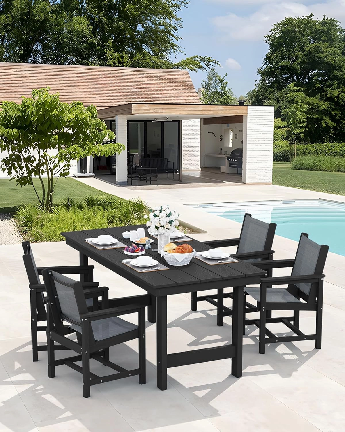 SERWALL 7 Piece Outdoor Dining Table Sets for 6 with 1 Umbrella Hole Cut-Out Rectangular Table and 6 Textilene Chairs, HDPE Dining Table Sets for Garden, Backyard, Poolside, Black