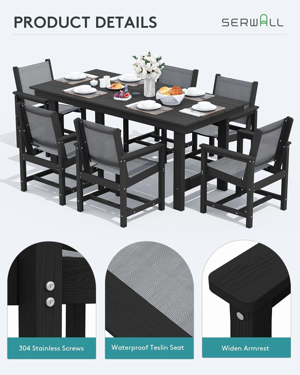 SERWALL 7 Piece Outdoor Dining Table Sets for 6 with 1 Umbrella Hole Cut-Out Rectangular Table and 6 Textilene Chairs, HDPE Dining Table Sets for Garden, Backyard, Poolside, Black