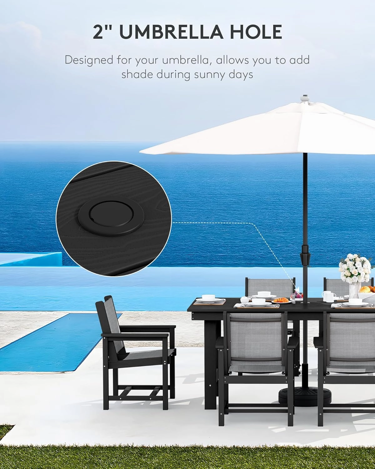 SERWALL 7 Piece Outdoor Dining Table Sets for 6 with 1 Umbrella Hole Cut-Out Rectangular Table and 6 Textilene Chairs, HDPE Dining Table Sets for Garden, Backyard, Poolside, Black