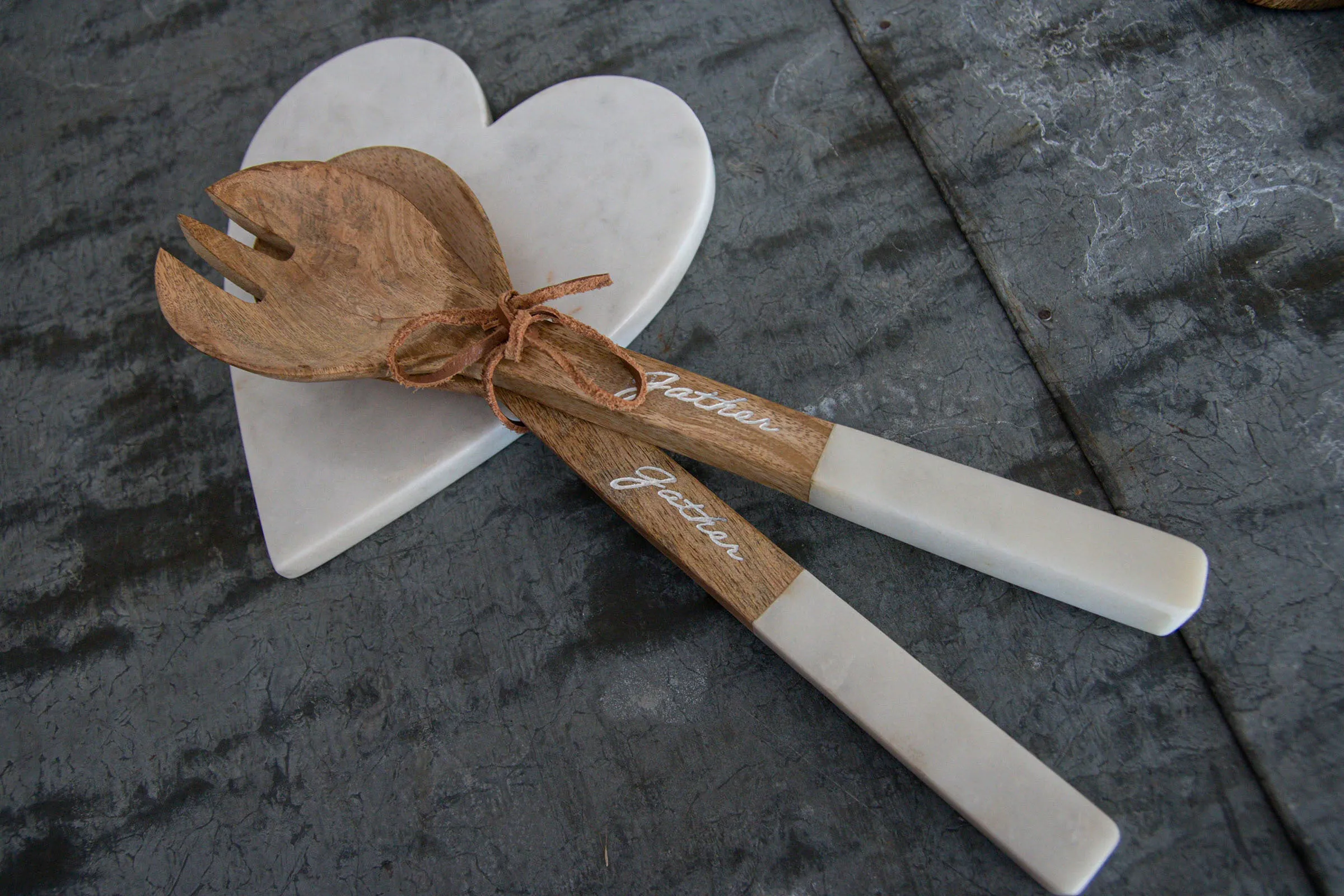 SET OF 2 WOOD SERVING UTENSILS WITH "GATHER" ON HANDLES (MIN 3)