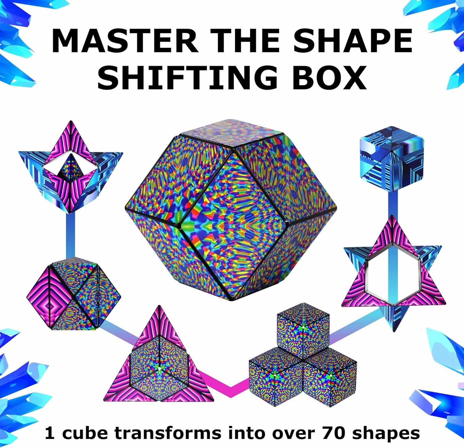 SHASHIBO Shape Shifting Box - STEM Magnetic Fidget Cube That Transforms Into Over 70 Shapes, Download Fun in Motion Toys Mobile App (Blue Crystal)