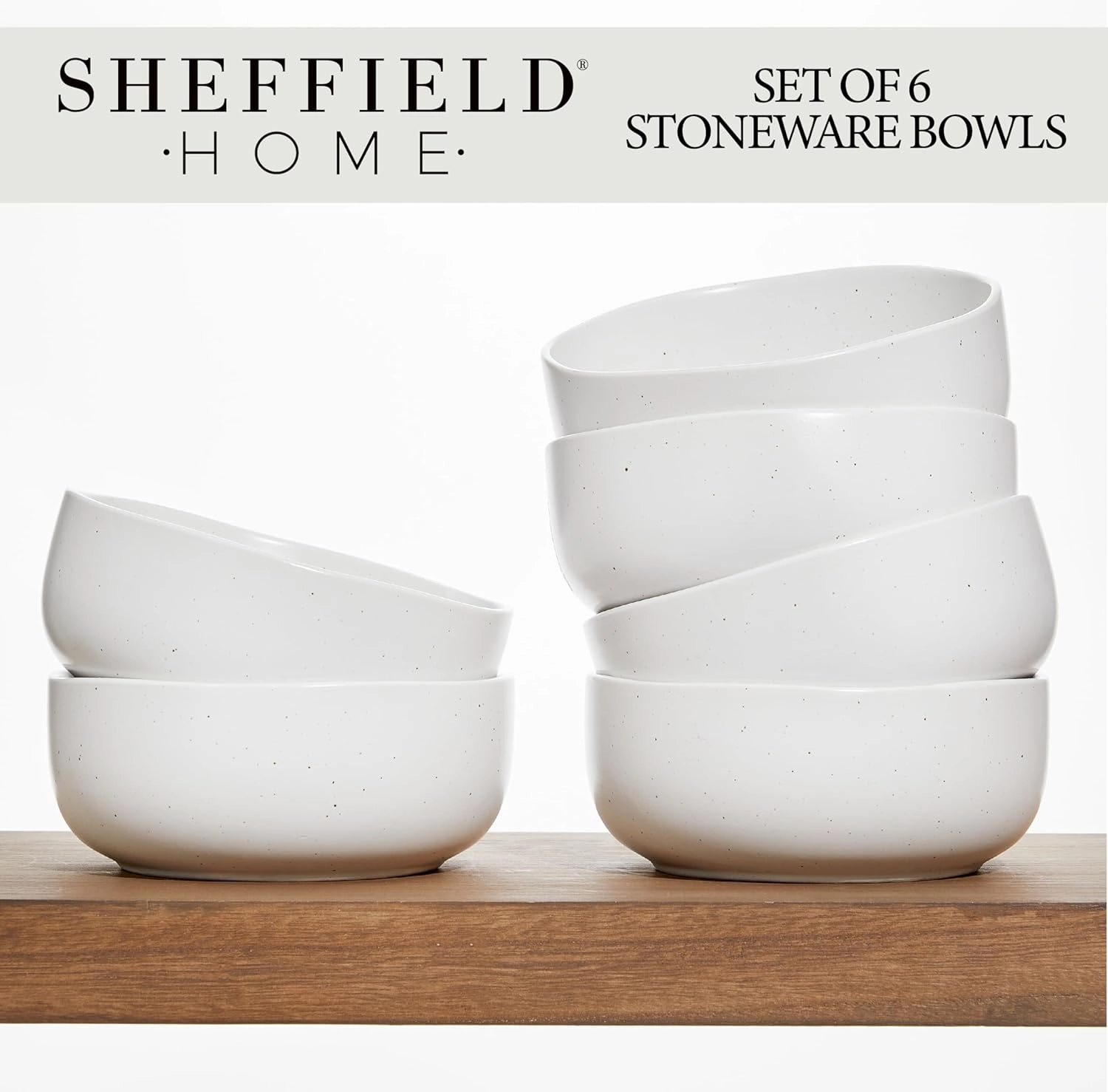 Sheffield Home Large Stoneware Cereal Bowls - Set of 6, 28oz Capacity - Dishwasher & Microwave Safe - 6" Diameter, Stylish & Functional for Everyday Use – Speckled