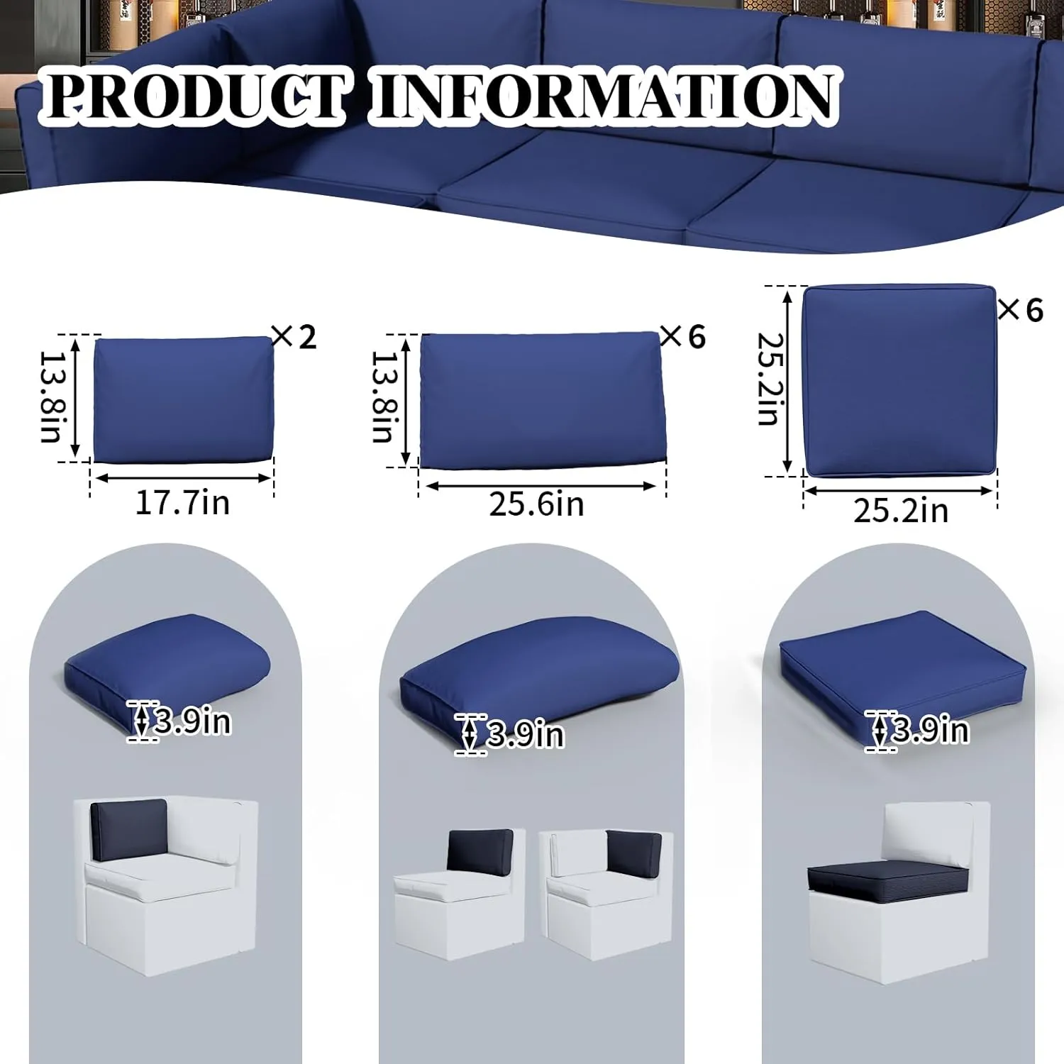 SHGJ&SOFT 14 Piece Outdoor Cushions for Patio Furniture Replacemen, Patio Sofa Couch Cushions Waterproof Rattan Wicker Sectional Patio Conversation Sets (Blue)