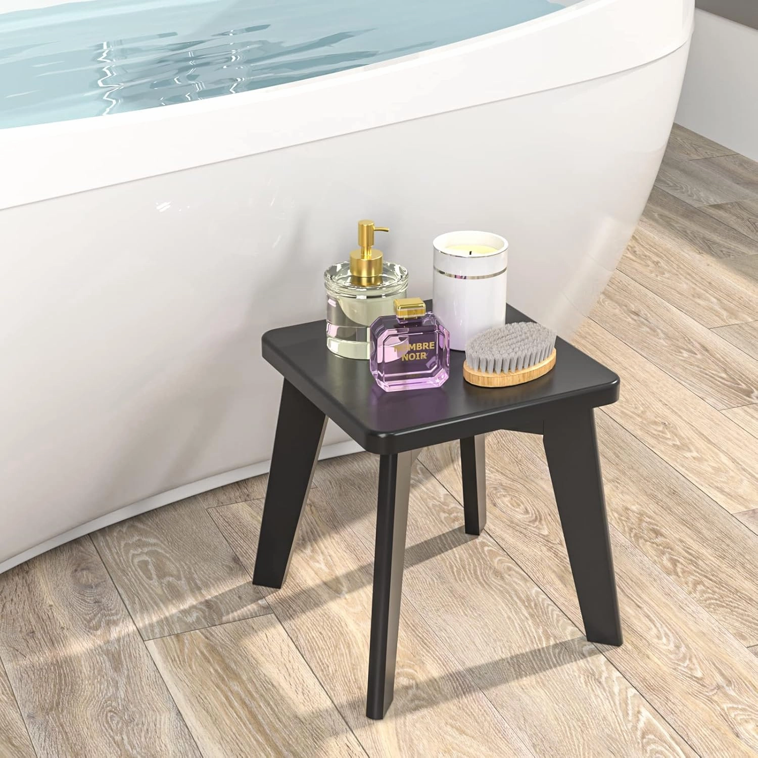 Shower Stool for Shaving Legs Kids Adults Small Bench for Bathroom Sink Bedroom Bamboo Wooden Stool for Inside Shower Black 10 inch