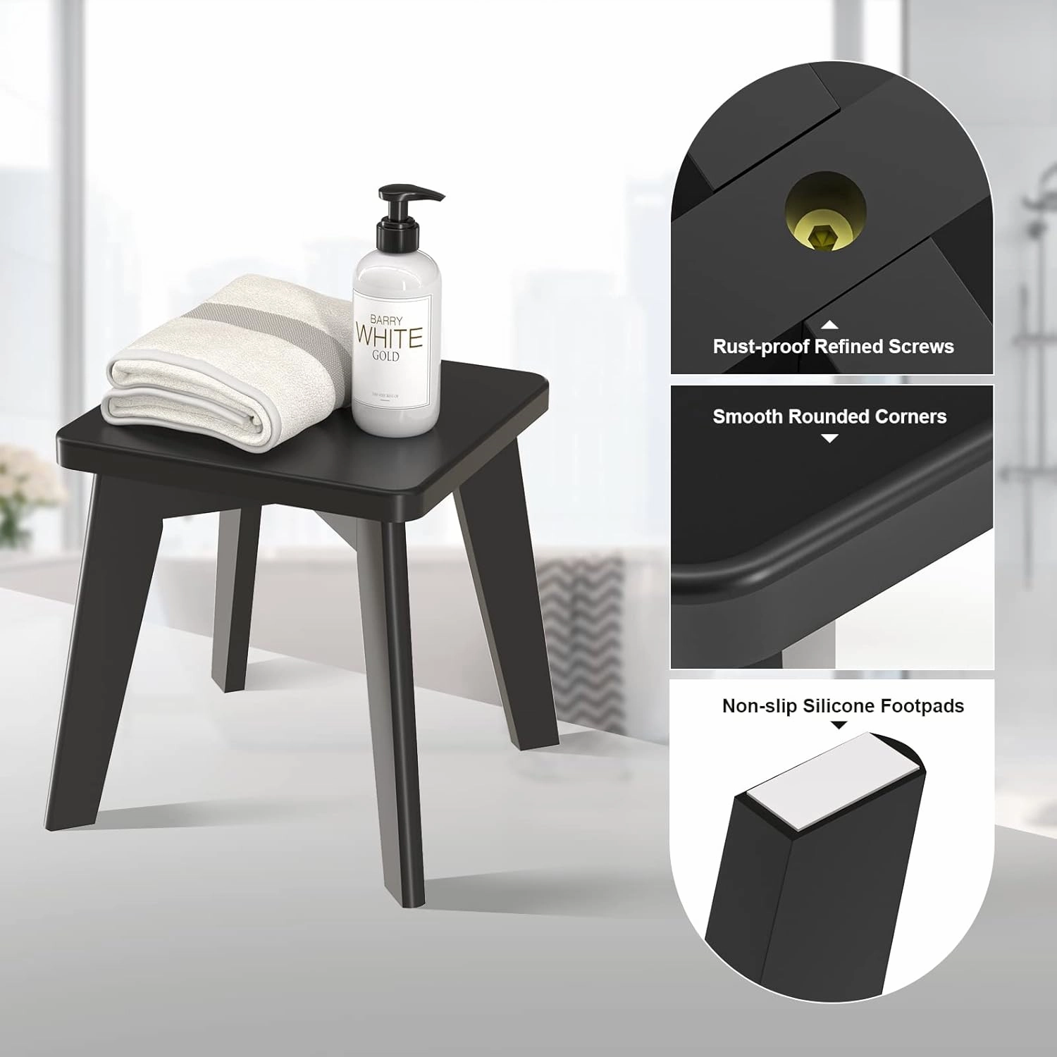 Shower Stool for Shaving Legs Kids Adults Small Bench for Bathroom Sink Bedroom Bamboo Wooden Stool for Inside Shower Black 10 inch