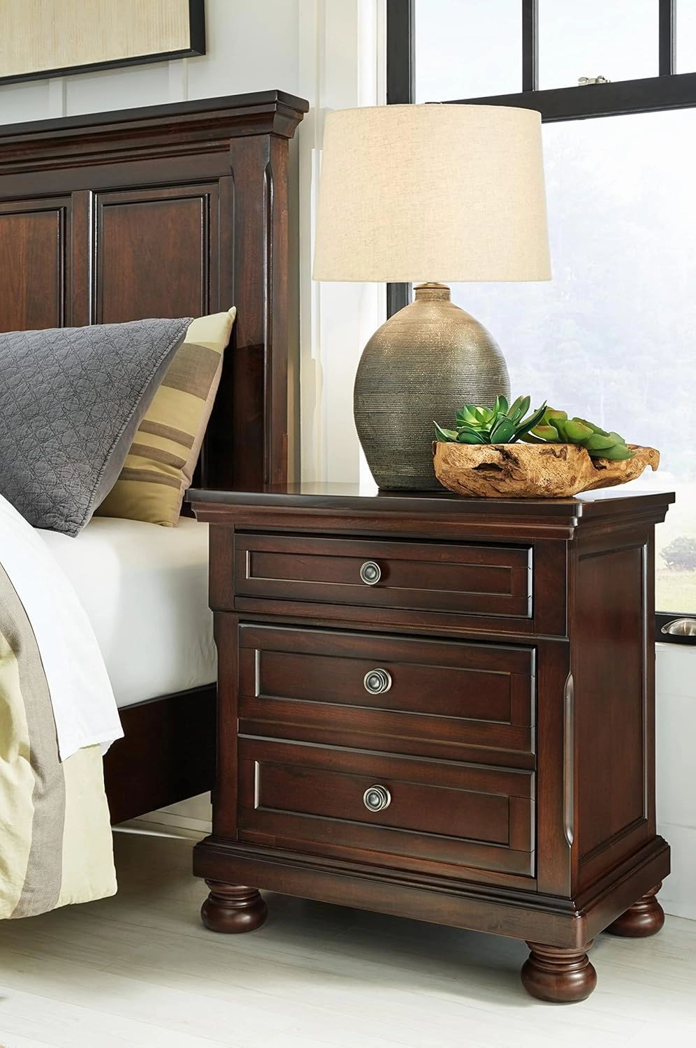 Signature Design by Ashley Porter Classic 2 Drawer Nightstand with Dovetail and Ball-bearing Construction, 29.88" Tall, Dark Brown
