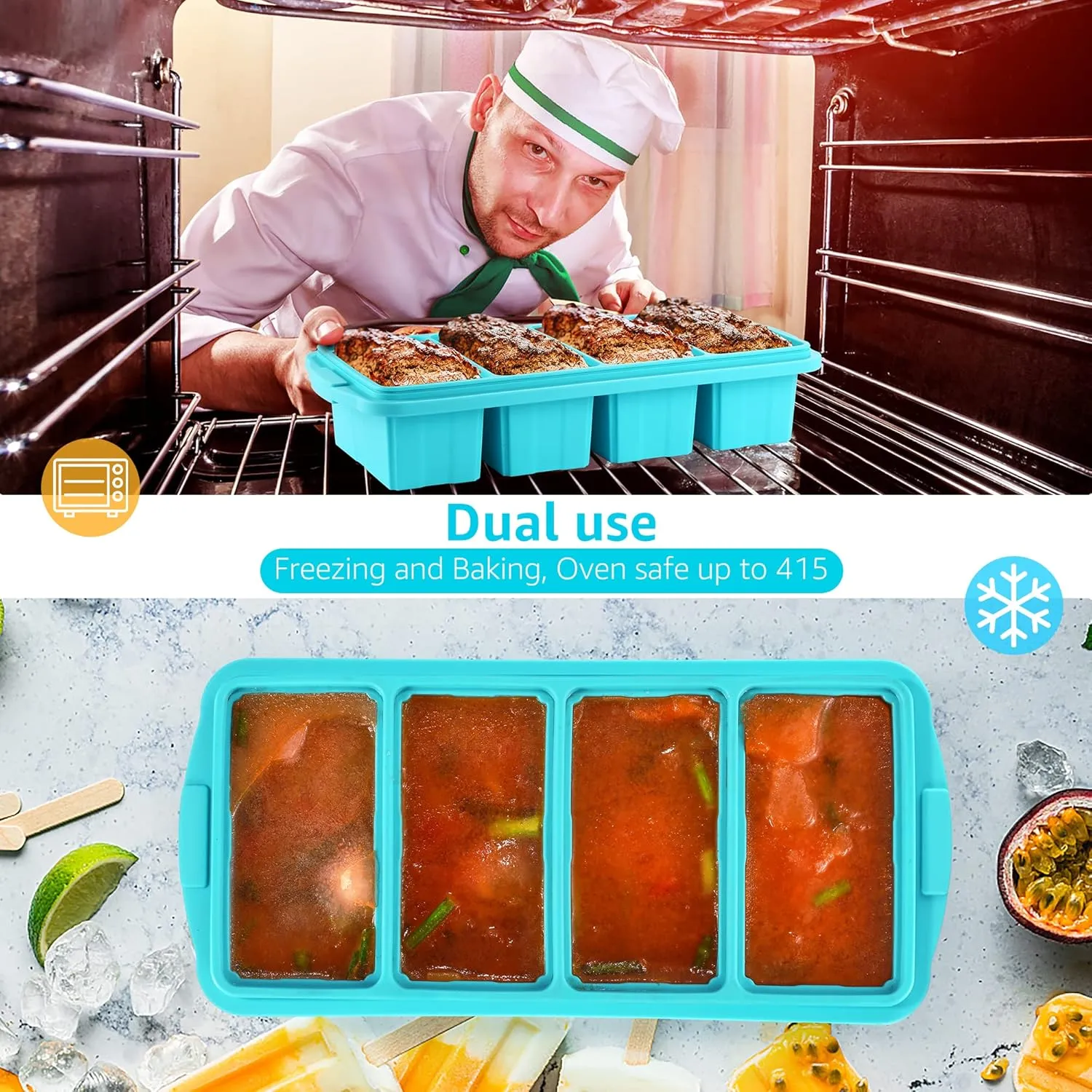 Silicone Freezer Tray With Lid - Silicone Freezer Food Molds- Large Ice Cube Tray,Silicone Freezer Container,Freeze & Store Soup, Sauce, Broth,Leftovers - Makes 4 Perfect 1 Cup