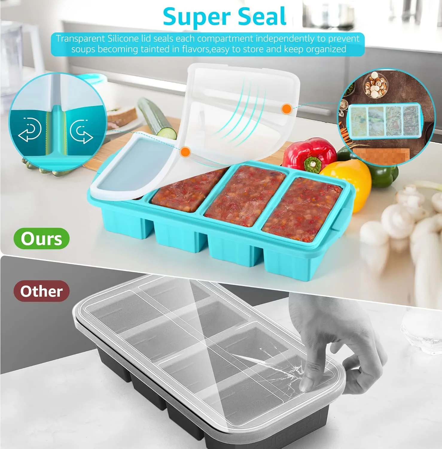 Silicone Freezer Tray With Lid - Silicone Freezer Food Molds- Large Ice Cube Tray,Silicone Freezer Container,Freeze & Store Soup, Sauce, Broth,Leftovers - Makes 4 Perfect 1 Cup