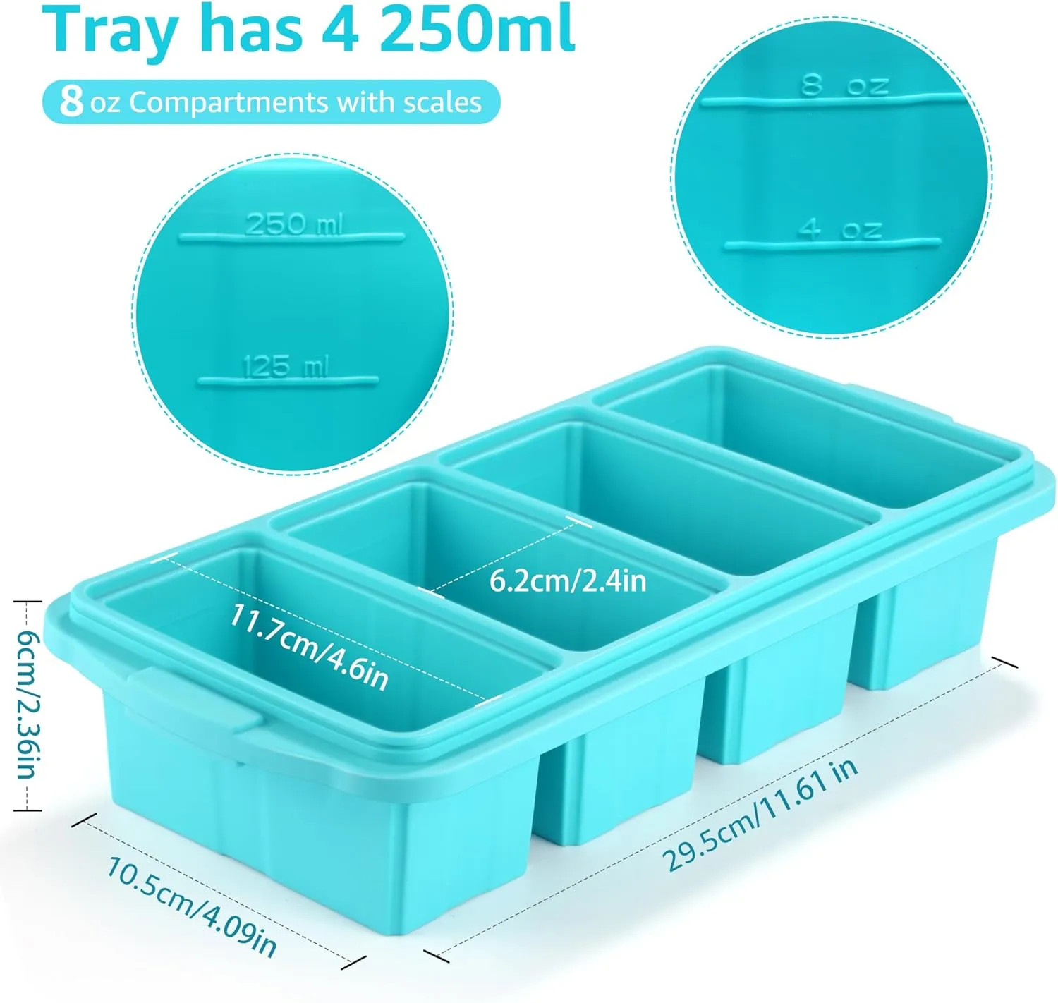 Silicone Freezer Tray With Lid - Silicone Freezer Food Molds- Large Ice Cube Tray,Silicone Freezer Container,Freeze & Store Soup, Sauce, Broth,Leftovers - Makes 4 Perfect 1 Cup