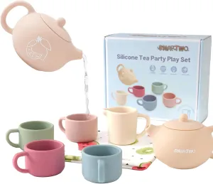 Silicone Tea Set for Toddlers Aged 0  Months,Real or Play Tea Party Set for Kids,Non-Toxic Baby Kitchen Toys,Cute Morandi Children Outfit Suitable for Little Girls (with Washable Cloth Napkin)