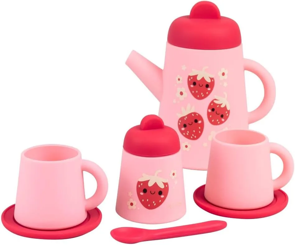 Silicone Tea Set - Strawberry Patch - 9 Piece Kids Playset, Teapot, Saucers & More, Pretend Play Toy, Kids & Toddler Ages 1 