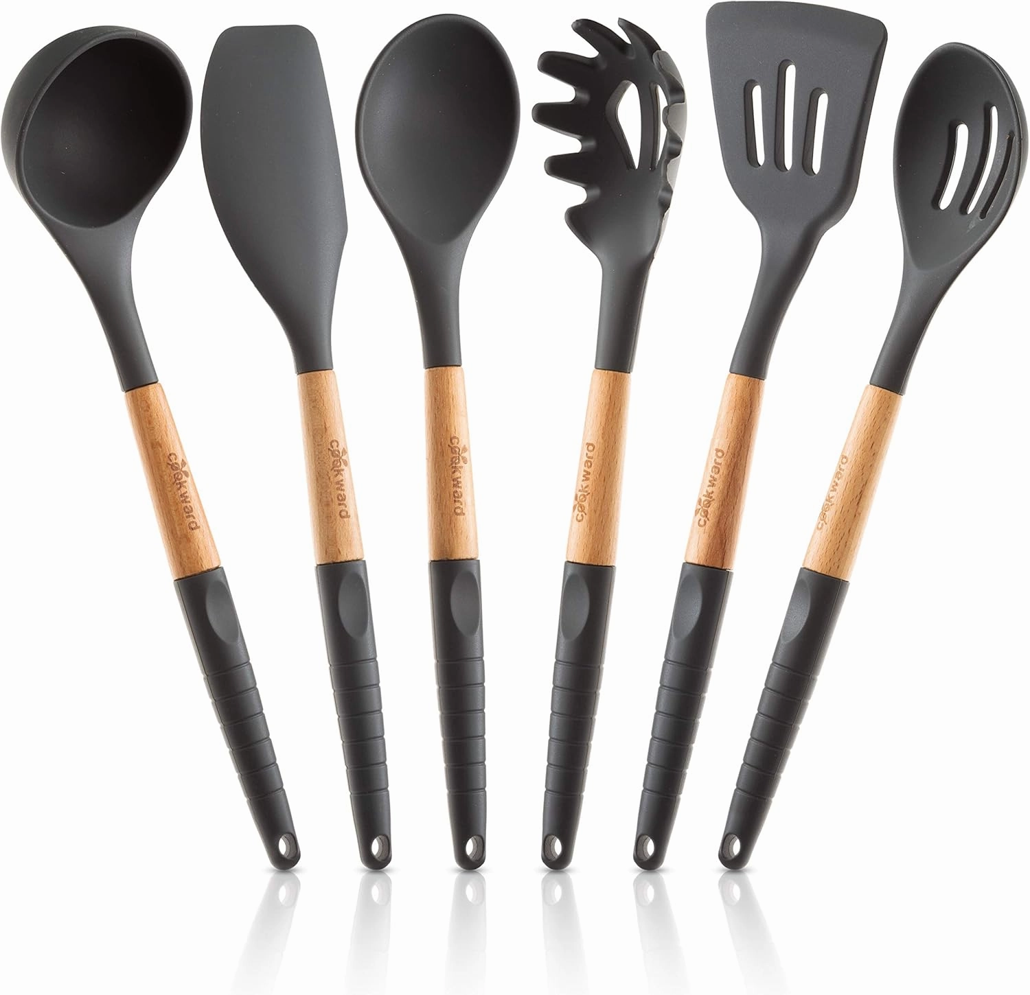 Silicone Cooking Utensils Set (6 pcs) Natural Wood Kitchen Utensils – Eco Friendly & BPA Free, Non-Scratch & Non-Stick Easy Grip -Black