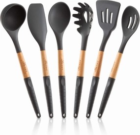 Silicone Cooking Utensils Set (6 pcs) Natural Wood Kitchen Utensils – Eco Friendly & BPA Free, Non-Scratch & Non-Stick Easy Grip -Black