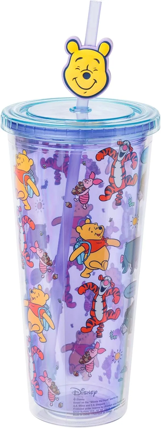 Silver Buffalo Disney Winnie the Pooh Best Adventures Featuring Tigger, Piglet, and Eeyore Plastic Cold Cup with Lid and Topper Straw, 24 Ounces
