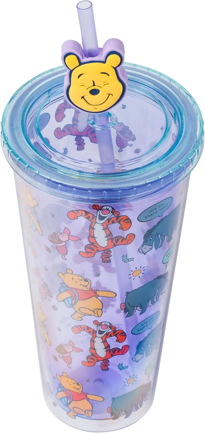 Silver Buffalo Disney Winnie the Pooh Best Adventures Featuring Tigger, Piglet, and Eeyore Plastic Cold Cup with Lid and Topper Straw, 24 Ounces